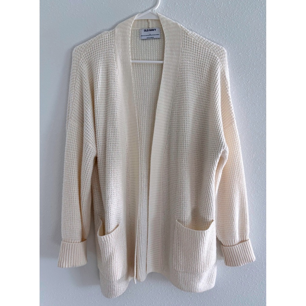 Old Navy Cardigan‎ Womens Small Cream Waffle Knit Pockets Chunky Preppy Academia